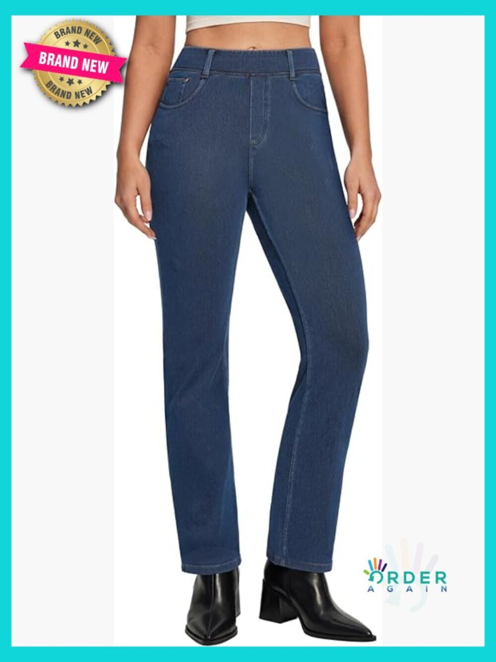 Straight Leg Jeans High Waisted Pull On Stretchy Denim Pants Casual Trendy